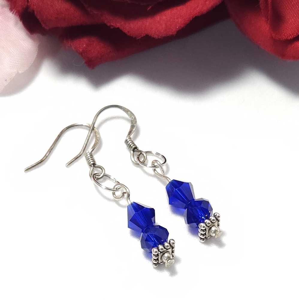 Handmade Cobalt Blue Crystal Silver Dangle Earrings Handmade By Me - Picture 4 of 6